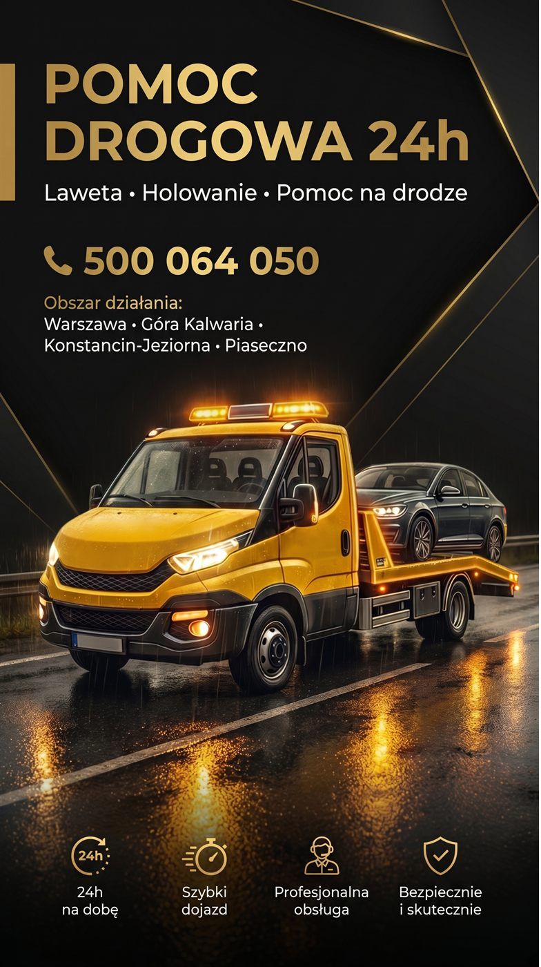 Laweta Pomoc Drogowa Laweta 24H holująca samochód nocą